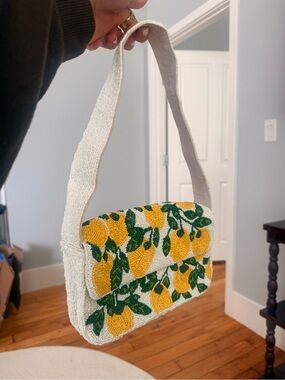 Beaded Lemon Print Shoulder Bag - White & Yellow